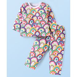 Babyhug Cotton Knit Full Sleeves Night Suit with Floral Print - Yellow Purple & Green