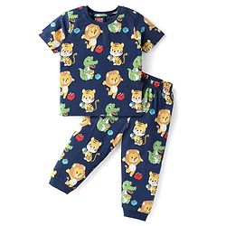 Babyhug Cotton Knit Half Sleeves Night Suit With Animals Print - Navy