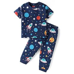 Babyhug Cotton Knit Half Sleeves Night Suit With Space Theme Print - Navy