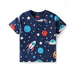 Babyhug Cotton Knit Half Sleeves Night Suit With Space Theme Print - Navy