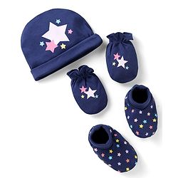 Babyhug 100% Cotton Knit Cap Mittens & Booties With Star Print Navy Blue - Diameter 10 cm