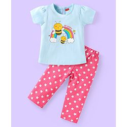 Babyhug Cotton Knit Half Sleeves Night Suit With Stars & Bees Print - Sky Blue & Pink