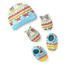 Babyhug 100% Cotton Knit Cap Mittens & Booties With Animal Print Multicolor - Diameter 9 cm