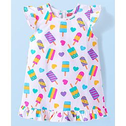 Babyhug Cotton Knit Frill Sleeves Ice Cream Printed Nighty - White