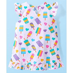 Babyhug Cotton Knit Frill Sleeves Ice Cream Printed Nighty - White