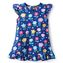 Babyhug Velour Knit Cap Sleeves Floral Printed Nighty with Frill Detailing - Navy Blue
