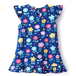 Babyhug Velour Knit Cap Sleeves Floral Printed Nighty with Frill Detailing - Navy Blue