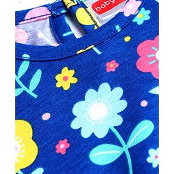 Babyhug Velour Knit Cap Sleeves Floral Printed Nighty with Frill Detailing - Navy Blue