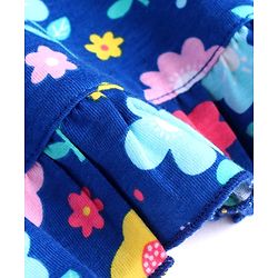 Babyhug Velour Knit Cap Sleeves Floral Printed Nighty with Frill Detailing - Navy Blue