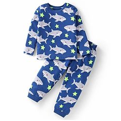 Babyhug Cotton Knit Full Sleeves Night Suit With Shark Print - Navy Blue
