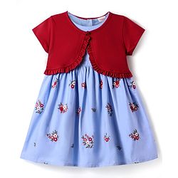Babyhug Cotton Woven Half Sleeves Shrug with Floral Embroidered Frock - Red & Blue