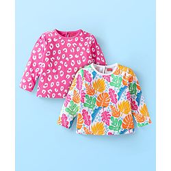 Babyhug Cotton Knit Full Sleeves T-Shirts with Leaves Print Pack of 2 - Dark Pink & White