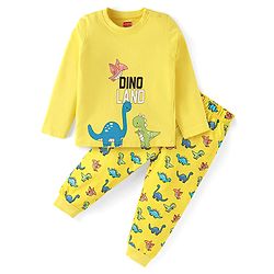 Babyhug Cotton Knit Full Sleeves Night Suit With Dino Print - Yellow