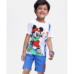 Babyhug Disney Single Jersey Knit Half Sleeves T-Shirt & Shorts Set With Mickey Mouse Graphics  & Patch Detailing - Blue & White