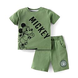 Babyhug Disney Single Jersey Knit Half Sleeves T-Shirt & Shorts Set With Mickey Mouse Graphics - Green
