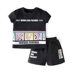 Babyhug Disney Cotton Knit Half Sleeves T-Shirt & Shorts Set With Minnie & Friends Graphics - Black