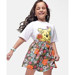 Babyhug Cotton Knit Half Drop Shoulder Sleeves Top with Winnie The Pooh Graphics & Floral Printed Skirt - White