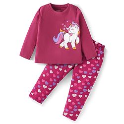 Babyhug Cotton Knit Full Sleeves Night Suit with Unicorn & Heart Print - Dark Pink