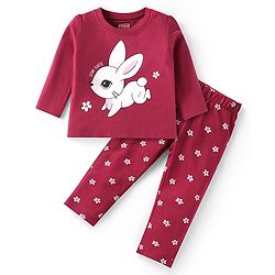 Babyhug Cotton Woven Full Sleeves Floral & Bunny Printed Night Suit - Wine