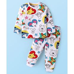 Babyhug Disney Full Sleeves Nightsuit Set With Pooh Graphics - White