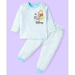 Babyhug Disney Single Jersey Knit Full Sleeves Night Suit Set With Winnie The Pooh Graphic & Stripes - Light Blue