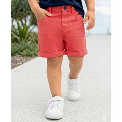 Babyhug Washed Denim Mid Thigh Shorts With Stretch - Coral