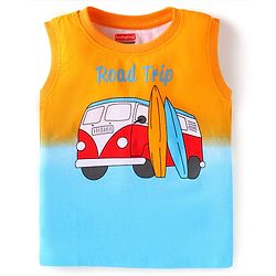 Babyhug Cotton Knit Sleeveless Tank T-Shirt With Vehicle Print - Yellow