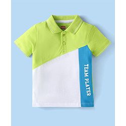 Babyhug Cotton Knit Half  Sleeves Polo T-Shirt with Text Graphics - Green & White