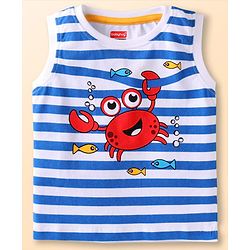 Babyhug Cotton Knit Sleeveless Striped Tank T-Shirt With Crab Print - Navy Blue