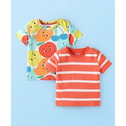 Babyhug Cotton Knit Half Sleeves T-Shirts With Fruit Print Pack of 2 - Red & White