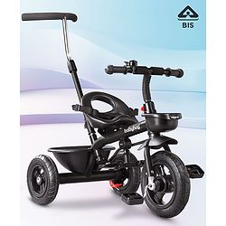 Babyhug Cruise Plug & Play Trike with Mild Steel Frame & Parental Handle Front & Rear Storage Basket with 3 Rubber Wheels with Foldable Foot Rest & Bell - Black