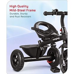 Babyhug Cruise Plug & Play Trike with Mild Steel Frame & Parental Handle Front & Rear Storage Basket with 3 Rubber Wheels with Foldable Foot Rest & Bell - Black