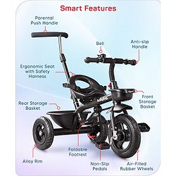 Babyhug Cruise Plug & Play Trike with Mild Steel Frame & Parental Handle Front & Rear Storage Basket with 3 Rubber Wheels with Foldable Foot Rest & Bell - Black