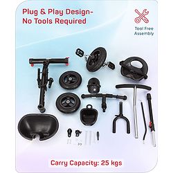 Babyhug Cruise Plug & Play Trike with Mild Steel Frame & Parental Handle Front & Rear Storage Basket with 3 Rubber Wheels with Foldable Foot Rest & Bell - Black