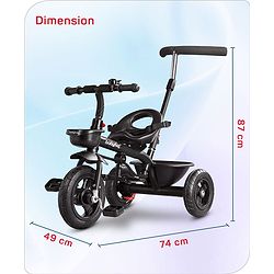 Babyhug Cruise Plug & Play Trike with Mild Steel Frame & Parental Handle Front & Rear Storage Basket with 3 Rubber Wheels with Foldable Foot Rest & Bell - Black