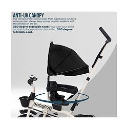 Babyhug Hermes Glider Plug & Play Trike with 360° Rotatable Seat & Parental Handle with Canopy Rubber Wheels & Storage Baskets with Bell - Black