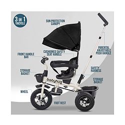 Babyhug Hermes Glider Plug & Play Trike with 360° Rotatable Seat & Parental Handle with Canopy Rubber Wheels & Storage Baskets with Bell - Black