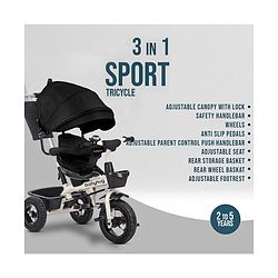 Babyhug Hermes Glider Plug & Play Trike with 360° Rotatable Seat & Parental Handle with Canopy Rubber Wheels & Storage Baskets with Bell - Black