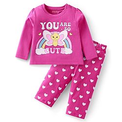 Babyhug Cotton Knit Full Sleeves Night Suit With Butterfly & Text Print - Pink