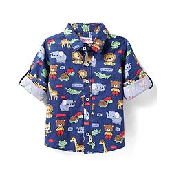 Babyhug Cotton Woven Full Sleeves Shirt with Animal Print - Navy Blue