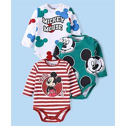 Babyhug Disney Interlock Knit Full Sleeves Onesies with Mickey Mouse Graphics Pack of 3 - White Red & Green
