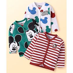 Babyhug Disney Interlock Knit Full Sleeves Front Open Jhablas With Mickey Mouse Graphics Pack Of 3 - White Dark Green