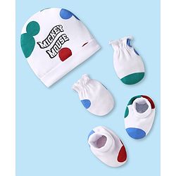 Babyhug Disney Interlock Knit Cap Mittens & Booties With Mickey Mouse Print White - Diameter 9 cm