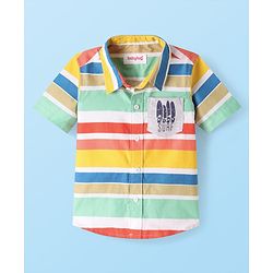 Babyhug Cotton Woven Half Sleeves Striped Shirt with Surf Print - Yellow & Red