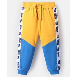 Babyhug Terry Knit Full Length Lounge Pant With Text Print & Cut & Sew Design - Yellow & Blue