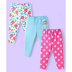 Babyhug Cotton Lycra Knit Full Length Leggings with Floral Print Pack of 3 - Pink Light Blue & White