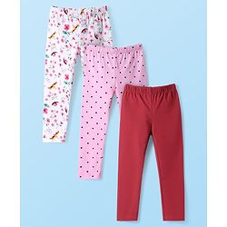 Babyhug Cotton Lycra Knit Full Length Leggings With Floral & Polka Dot Print Pack of 3 - White Pink & Red