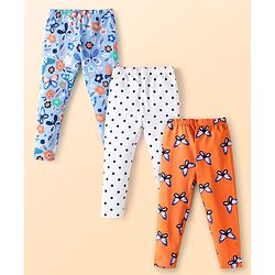 Babyhug Cotton Lycra Knit Full Length Leggings With Floral & Butterfly Print Pack of 3 - Blue White & Orange