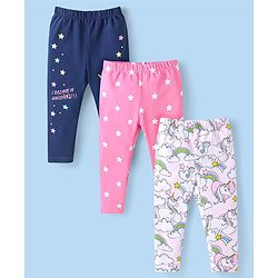 Babyhug Cotton Lycra Knit Full Length Leggings with Star & Unicorn Prints Pack of 3 - Navy Blue Pink & White