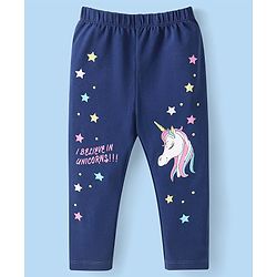 Babyhug Cotton Lycra Knit Full Length Leggings with Star & Unicorn Prints Pack of 3 - Navy Blue Pink & White